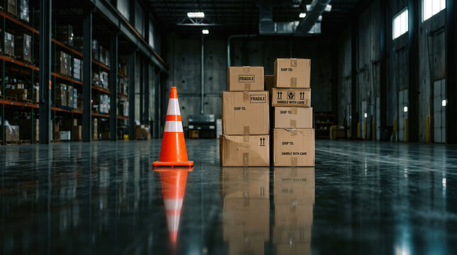 Safety training workplace rules concept. Warehouse interior with stacked cardboard boxes and an orange traffic cone on a shiny floor.