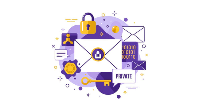 Secure Email Communication and Digital Data Privacy Concept Illustration with Encrypted Messaging Icons, Padlock, and Key in Flat Style