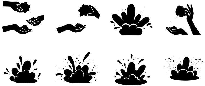 Collection of black silhouette icons depicting various human hand gestures and dynamic water splash effects illustrations