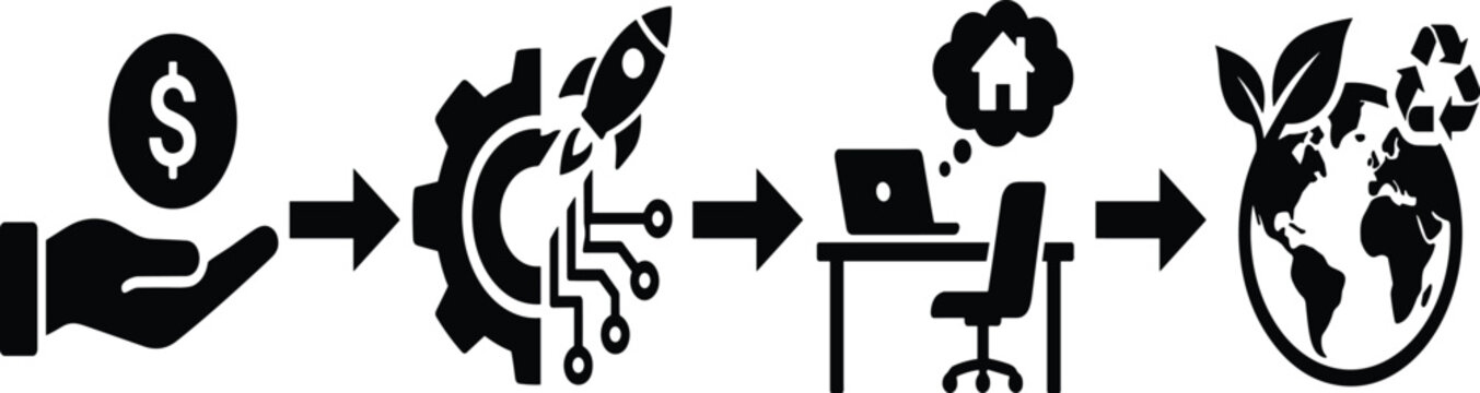 Black silhouette vector illustration of a sustainable business startup infographic process from investment and rocket launch to remote eco work,