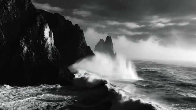 Dramatic black and white ocean waves crashing against rocky cliffs with cloudy sky and sunlight creating moody seascape