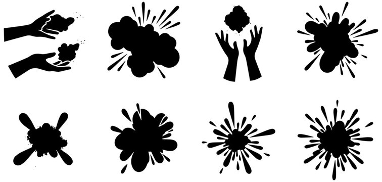 Diverse set of black ink splash silhouettes featuring creative hand gestures and dynamic liquid burst effects