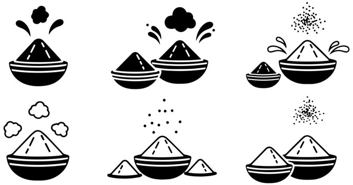 Holi festival powder bowls set featuring vibrant traditional colors for cultural celebrations in artistic vector style