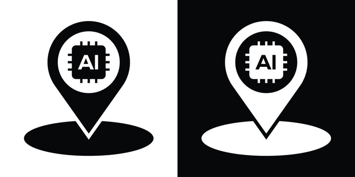 Map pin location pointer icon with an AI microchip inside, representing local artificial intelligence, tech hub, or GPS tracking navigation data. Vector art.