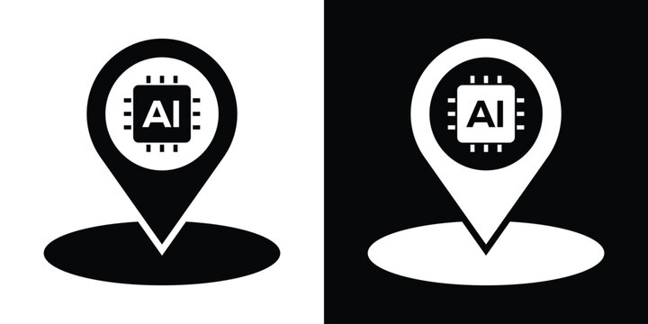 Map pin location pointer icon with an AI microchip inside, representing local artificial intelligence, tech hub, or GPS tracking navigation data. Vector art.