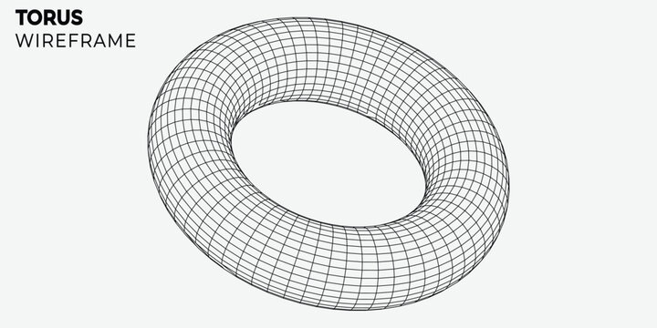 Abstract 3D torus wireframe model with black mesh lines on a white background. Modern minimalist geometric design for technology, mathematics, and digital art projects.