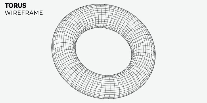 Abstract 3D torus wireframe model with black mesh lines on a white background. Modern minimalist geometric design for technology, mathematics, and digital art projects.