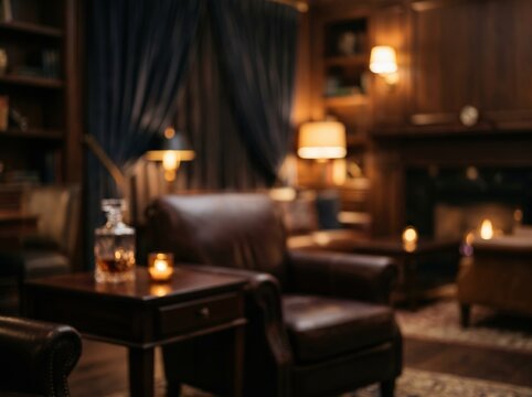 Blurred cozy library study room interior with leather armchair fireplace wooden furniture warm lighting luxury home office lounge atmosphere