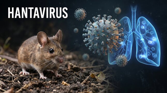 Hantavirus conceptual illustration showing mouse on soil ground next to glowing virus cells and transparent human lungs representing respiratory disease transmission and medical risk