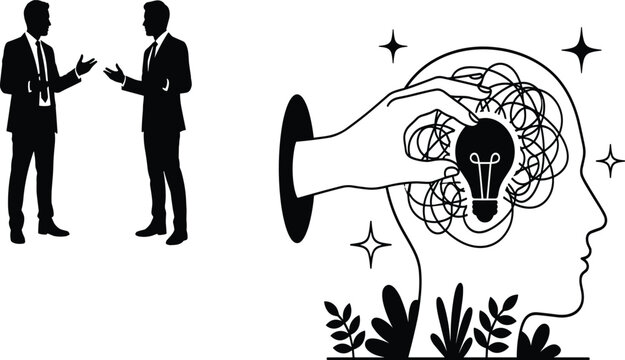 Black silhouette vector illustration of businessmen discussing strategy next to an infographic of a hand finding an idea lightbulb,