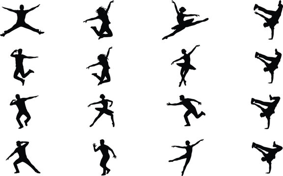 Dancing People Silhouette Vector Set Featuring Ballet Hip Hop Breakdance and Modern Dance Pose Collection