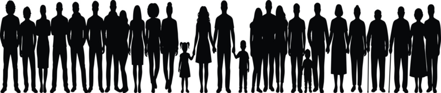 Black silhouette vector panoramic illustration of a large crowd of diverse people, families, children, and seniors standing together in line,