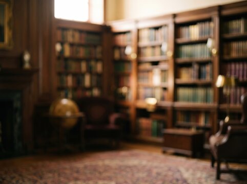 Blurred library interior vintage study room wooden bookshelves antique globe reading space warm lighting cozy atmosphere home office background