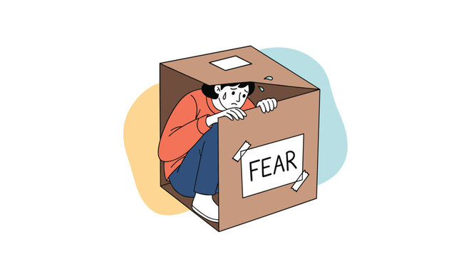 Stressed woman seeks isolation inside a cardboard box labeled fear to convey feelings of anxiety, vulnerability, and mental health struggles.