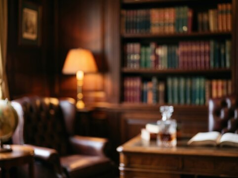 Blurred luxury home library study interior background leather chair wooden desk bookshelf elegant workspace warm lighting