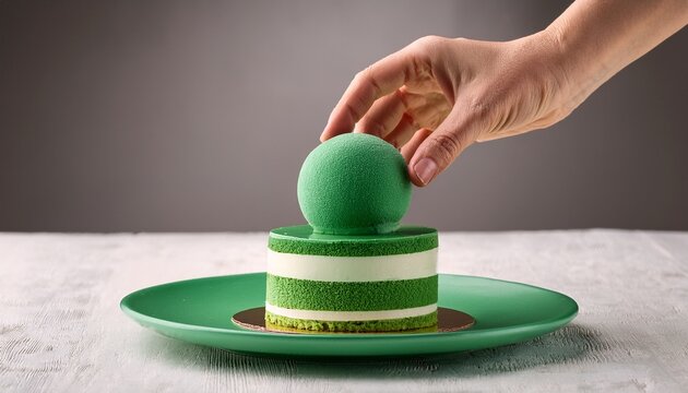 finishing touch hand gently places vibrant green dome on decadent layered dessert