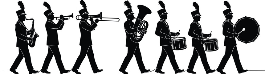 Marching Band Silhouette Vector Collection Featuring Musicians Drummers and Brass Instrument Parade Performance Illustrations © MSTRUMANA