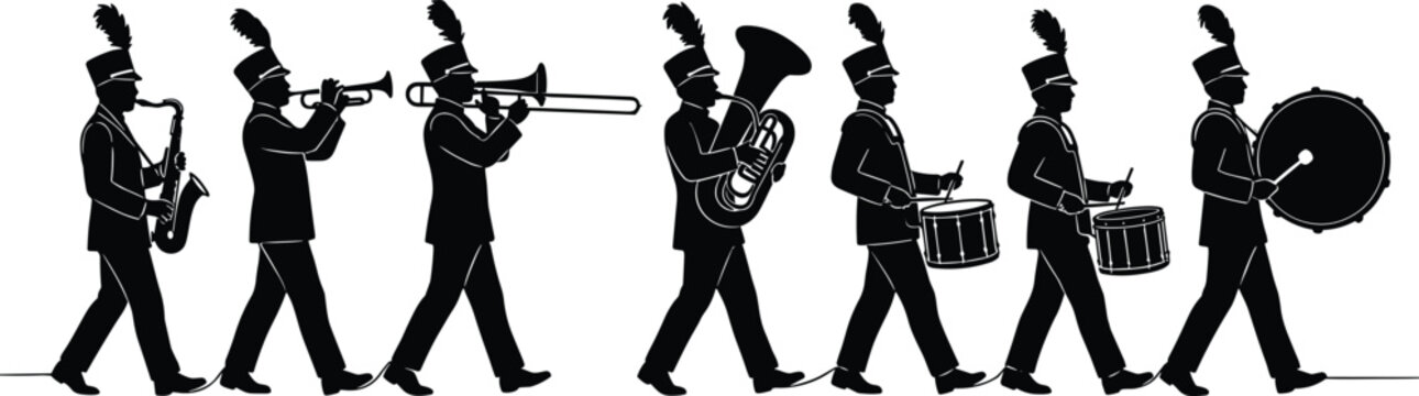 Marching Band Silhouette Vector Collection Featuring Musicians Drummers and Brass Instrument Parade Performance Illustrations