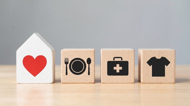 Charity donation concept with wooden blocks, humanitarian aid icons for food medical and clothing, support for homeless shelter and community care