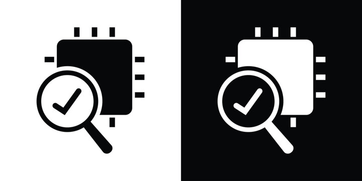 Solid glyph icon of an AI microchip being scanned with a magnifying glass and a checkmark, representing hardware verification or data compliance audit.
