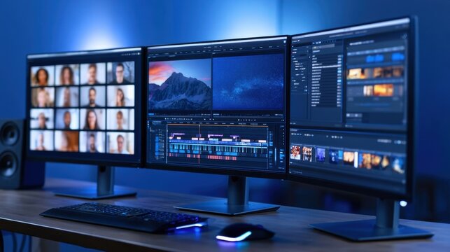 Modern video editing workstation with triple monitor setup showing timeline, media library, and video call grid in low light environment with tech equipment