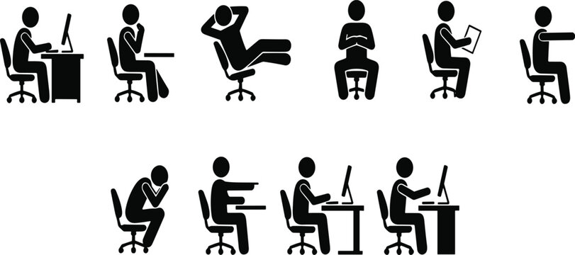 Black stick figure vector set of office worker icons in different sitting poses working at desk and typing on computer,