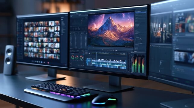 High-tech desktop computer setup with triple monitor display showing graphic editing software and colorful keyboard for digital content creation and video editing workflow