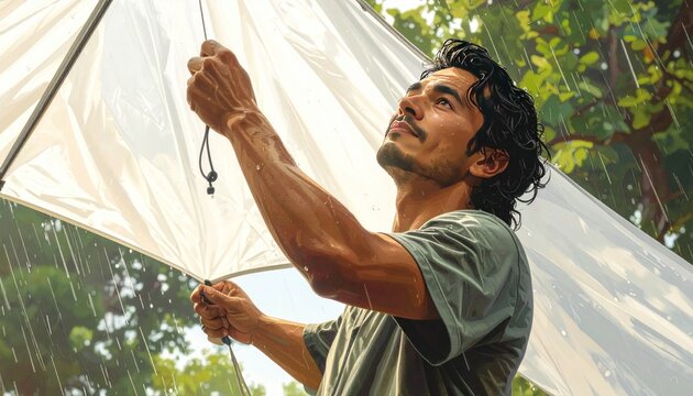 Man Adjusting Outdoor Canopy on a Rainy Day.