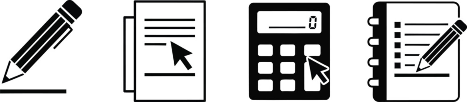 Black and white of office supplies and stationery, including pencil, paper, calculator, and notepad