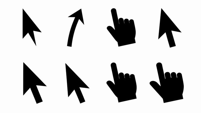 arrow design Computer mouse cursor icons, hand pointer symbols, click and scroll graphics, web navigation elements isolated on White Background vector eps silhouette