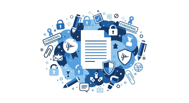 Confidential Document Security and Data Privacy Protection Vector Illustration in Blue