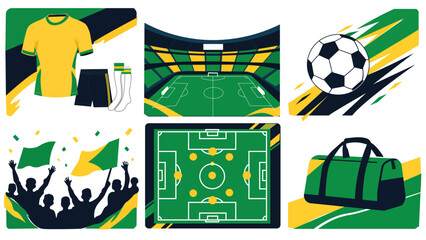 Modern football championship game items and fan experience icons set and soccer and stadium in solid and colored styles