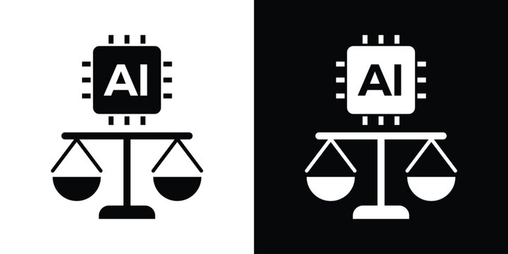 AI ethics and law icon featuring an artificial intelligence microchip integrated with a balance scale of justice. Vector illustration on black and white backgrounds.
