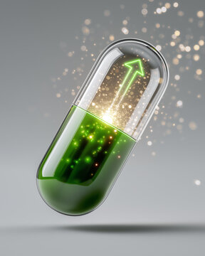 Green Pill Innovation: A transparent capsule filled with green liquid and glowing particles, featuring an upward-pointing arrow graphic symbolizing growth and progress in health or technology.