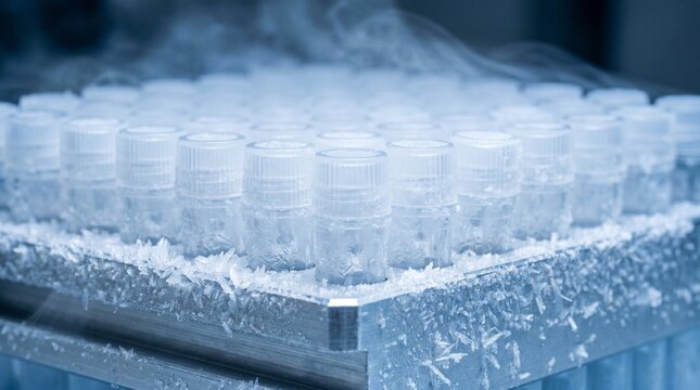 Macro View of Frosted Medical Cryovials In Storage Rack