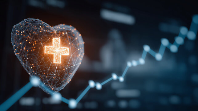 Digital Heartbeat: A luminous, wireframe heart adorned with a glowing plus symbol pulses with data, set against a backdrop of dynamic financial charts, symbolizing health technology and growth.