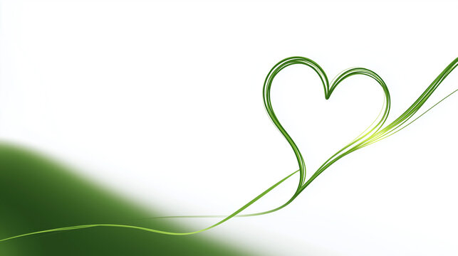 Heart of Nature: A delicate, organic heart shape is artfully formed by a thin green leaf, curving gracefully across a clean white background with a soft green gradient accent.