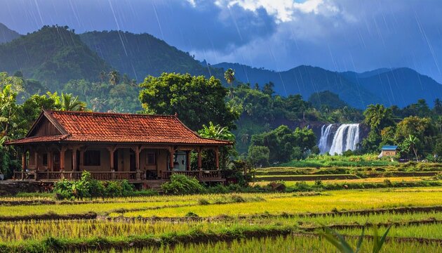 Typical Indian style home amidst paddy fields, mountains & waterfall during monsoon season in coastal or mountainous region of India.
