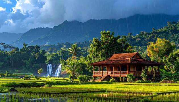 Typical Indian style home amidst paddy fields, mountains & waterfall during monsoon season in coastal or mountainous region of India.