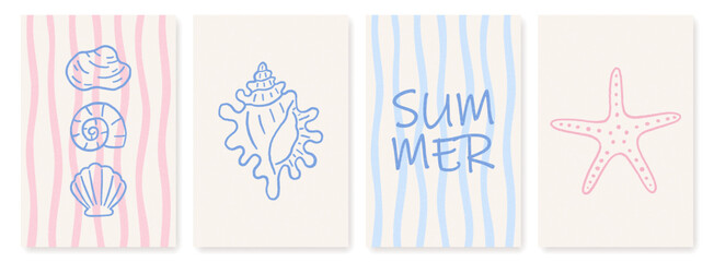 Obraz premium Minimal amalfi coastal poster set. Hand drawn seashell, starfish and summer typography print with stripes. Mediterranean beach illustration for nursery, decor, print, textile and seaside interior