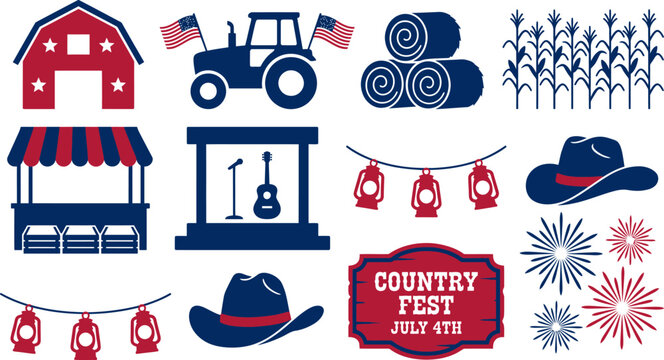 Country fest july 4th celebration icons with farm and music elements and fireworks