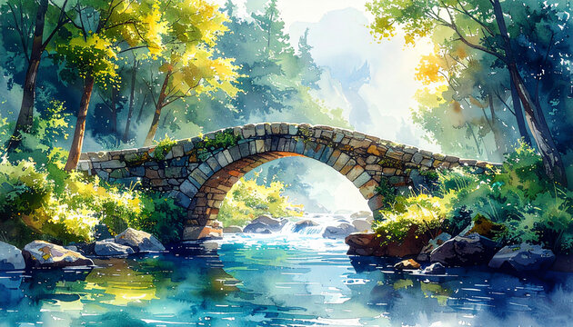 A stone arched bridge across a sparkling mountain stream