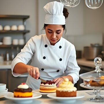 Una pastelera hispana elabora postres de aspecto lujoso en un hotel.