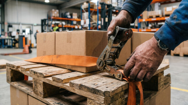 Safety training workplace rules concept. Worker securing a cardboard box with a strap on a wooden pallet in a warehouse setting.
