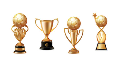 Fototapeta premium Soccer gold cup. Realistic golden football ball trophy cup sport team champion award winner prize league win ceremony best player championship 3d isolated exact vector illustration
