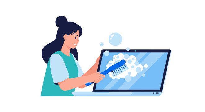 Woman Cleaning Laptop Screen with Brush and Soap Bubbles, Flat Vector Illustration Representing Digital Hygiene, Computer Maintenance, and Clearing Data