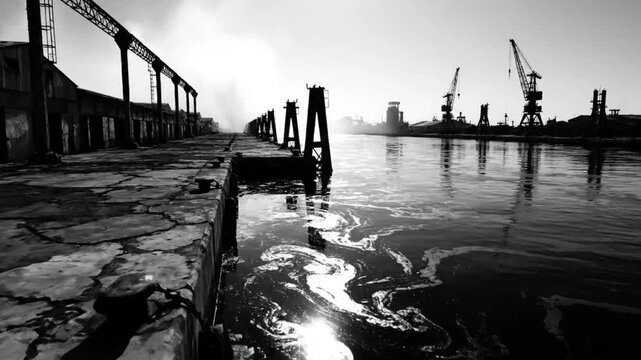 Black and white view of a weathered industrial waterfront with dilapidated buildings and dockside cranes