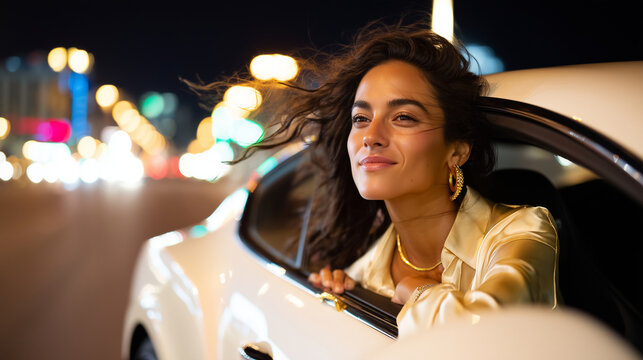 Stunning woman leaning out of white Bentley Continental window, night drive, motion blur background, city lights streaking, she wears gold jewelry and silk blouse, hair blowing, lu