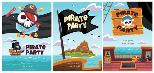 Fototapeta premium Pirate party invitation. Pirates adventure children birthday posters, corsair ship treasure island sea sailor voyage kid funny ocean journey cute cartoon classy vector illustration