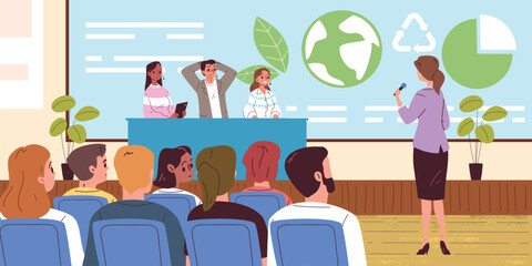 Fototapeta premium Ecological conference. Eco press conference, sustainable environment media forum speaker microphone stage audience climate world summit congress event classy vector illustration